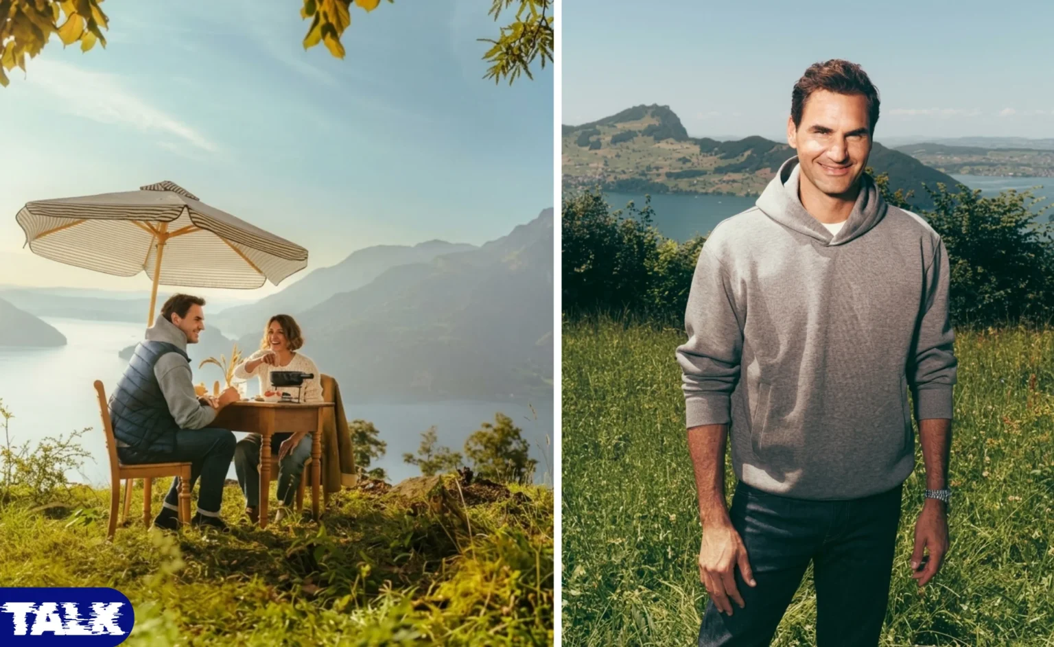 Roger Federer outdoors with a Swiss mountain landscape in the background
