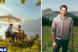Roger Federer outdoors with a Swiss mountain landscape in the background